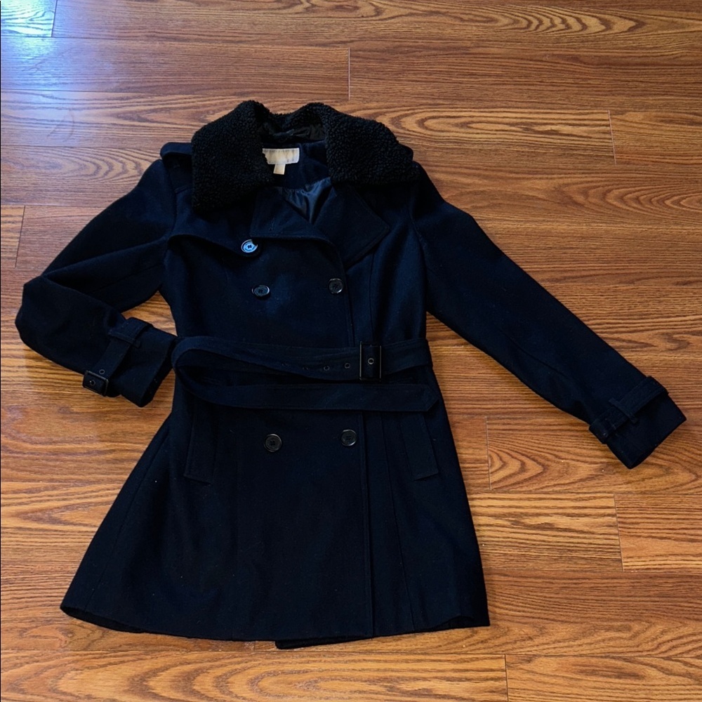 EUC MICHAEL KORS Sherpa Collar Wool Double‎ Breasted Coat Size 10 Dark NAVY